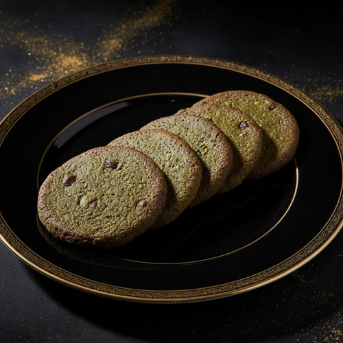 Matcha crunch cookies on a black plate with gold trim