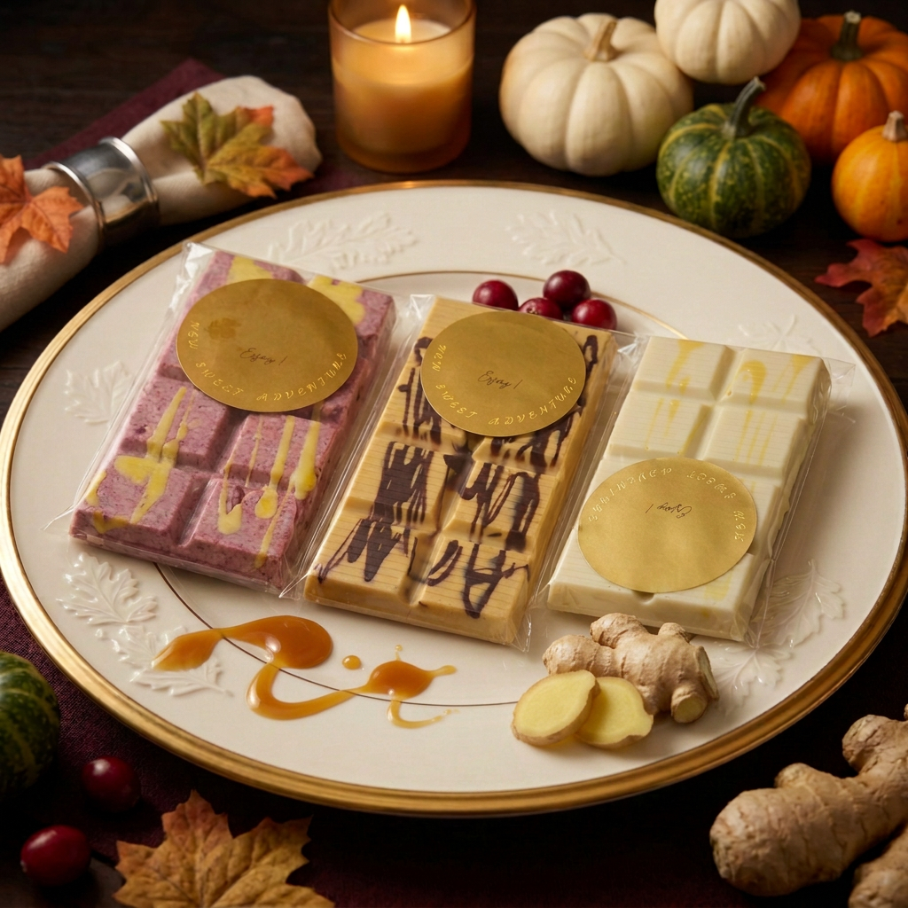 New Sweet Adventure Harvest Trio chocolate bars on an autumn plate with fresh ginger and a caramel splash.