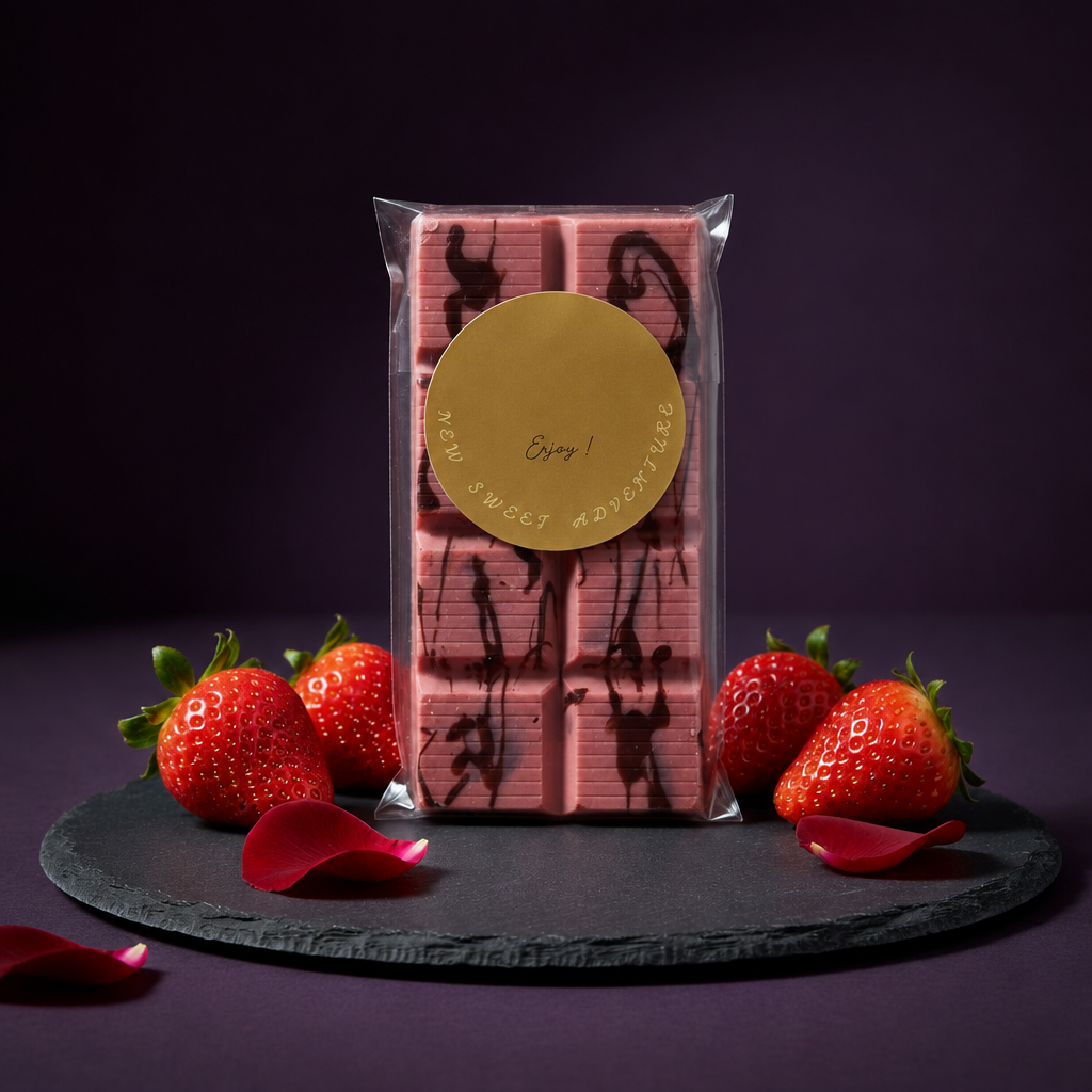 Full packaged organic strawberry shell chocolate bar displayed with strawberries and rose petals on dark slate.