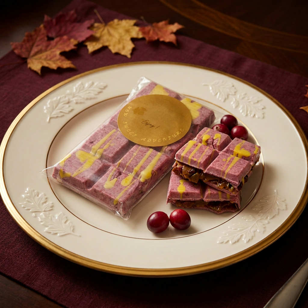 Cranberry Harvest Feast chocolate bar and filled pieces on a gold-rimmed ivory plate with a few red cranberries and autumn accents.
